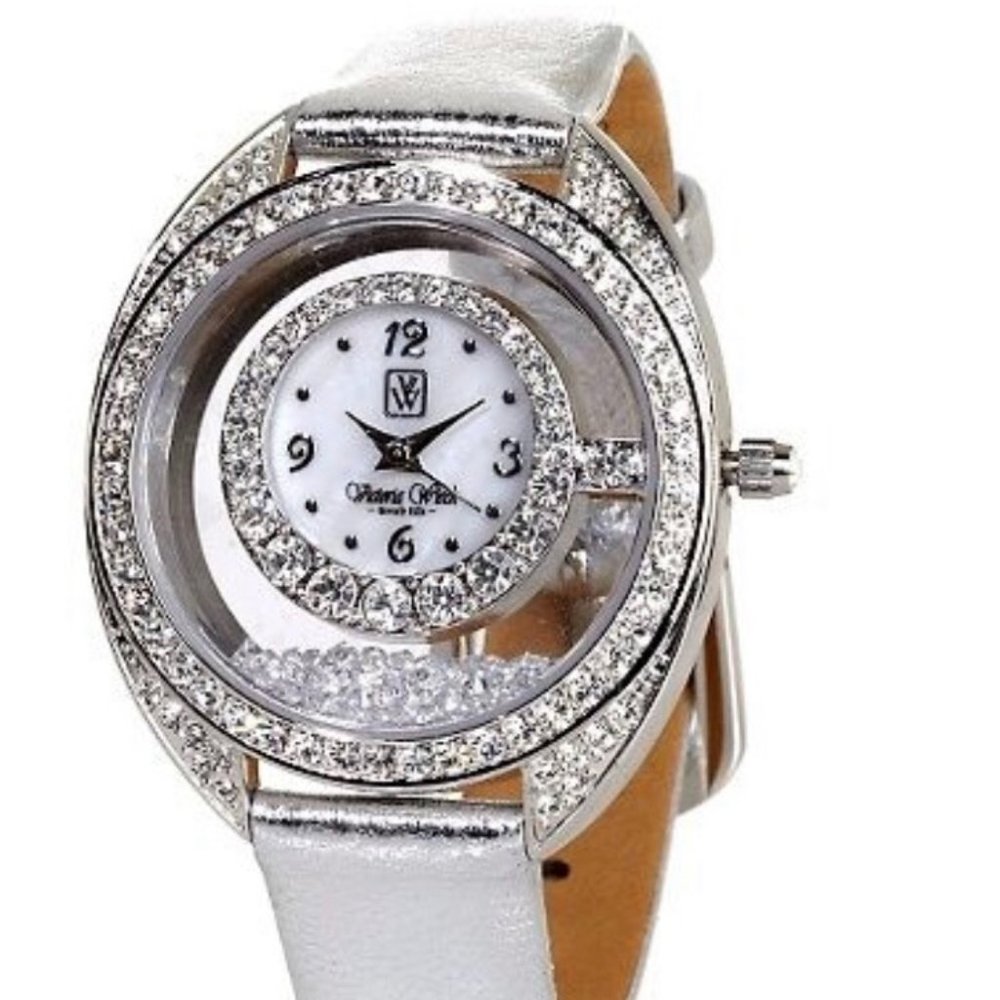 Victoria Wieck Silver leather floating crystal watch